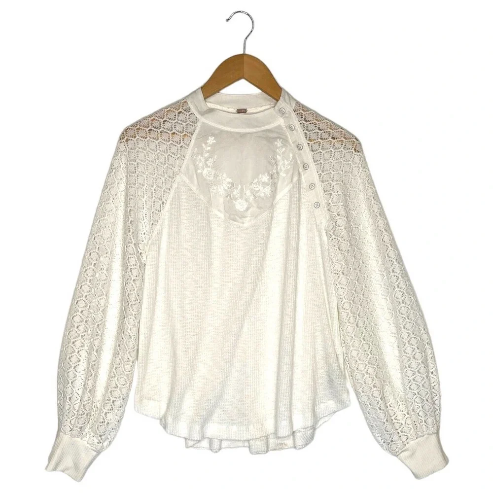 Free People Top Womens S Sweetest Thing Waffle Embroidered Boho Peasant Ivory - Picture 3 of 16